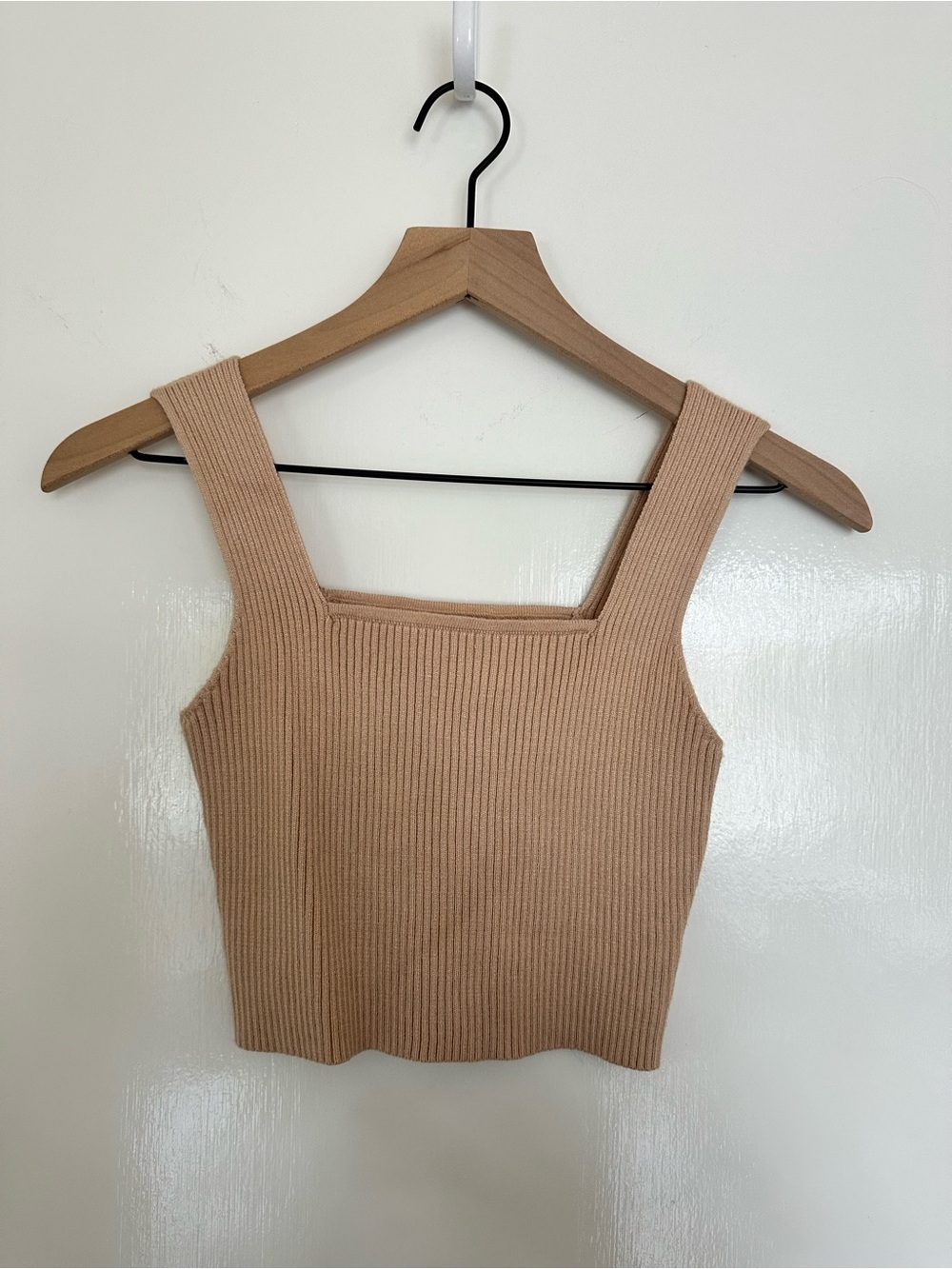 Womens Ribbed Square-Neck Top - Beige, One Size